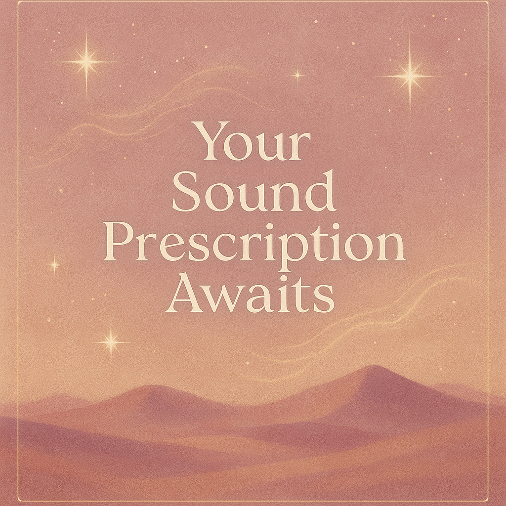 Text reading 'Your Sound Prescription Awaits' set against a dreamy desert backdrop with glowing stars and soft mauve-toned sand dunes.