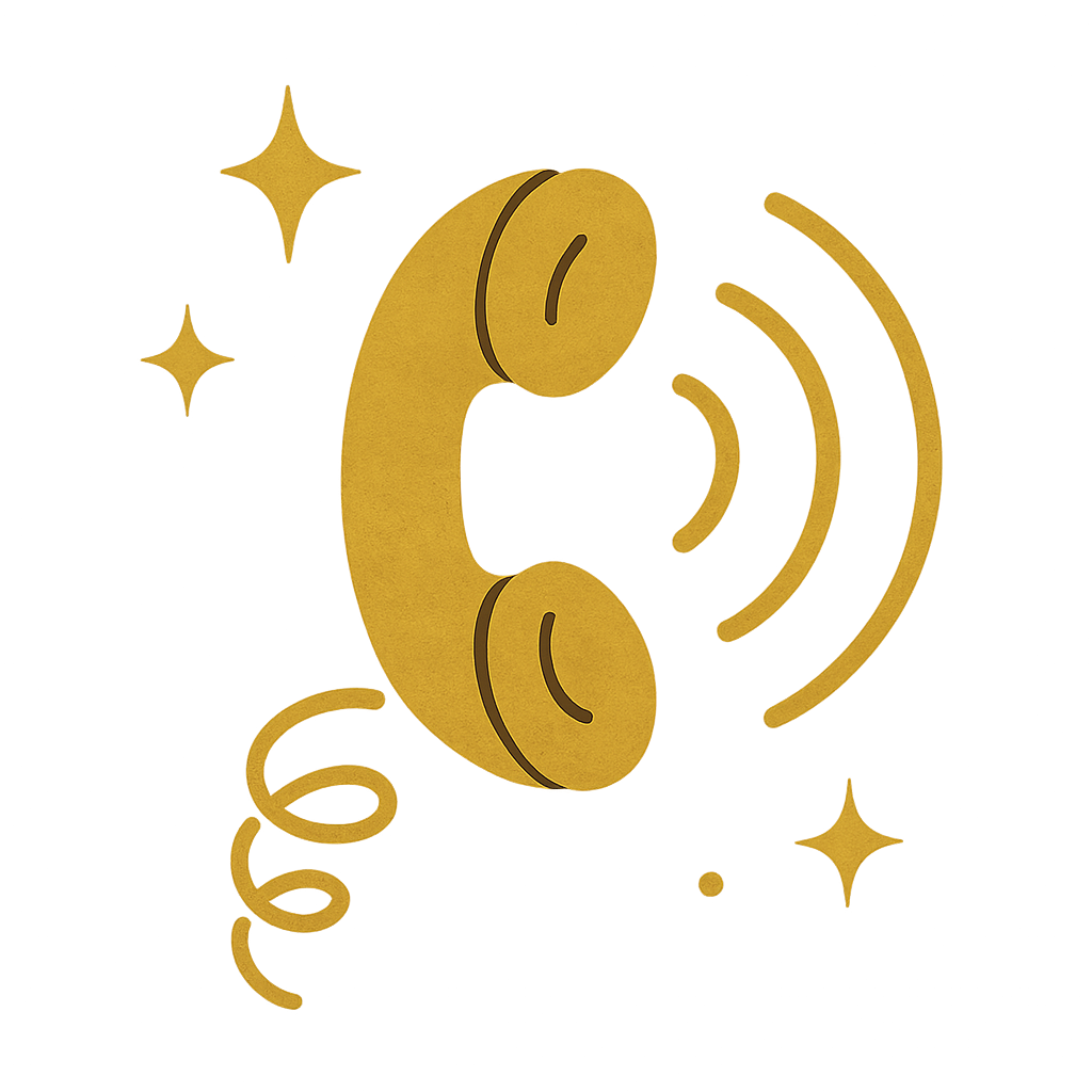 A cute cartoon-style vintage phone ringing with sparkles and stars.