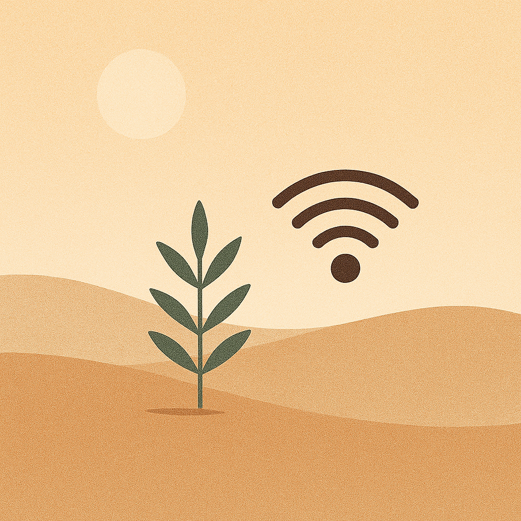 A minimalist digital illustration of a desert horizon at sunset, blending natural earth tones with subtle digital elements to symbolize the balance between human life and the algorithm.