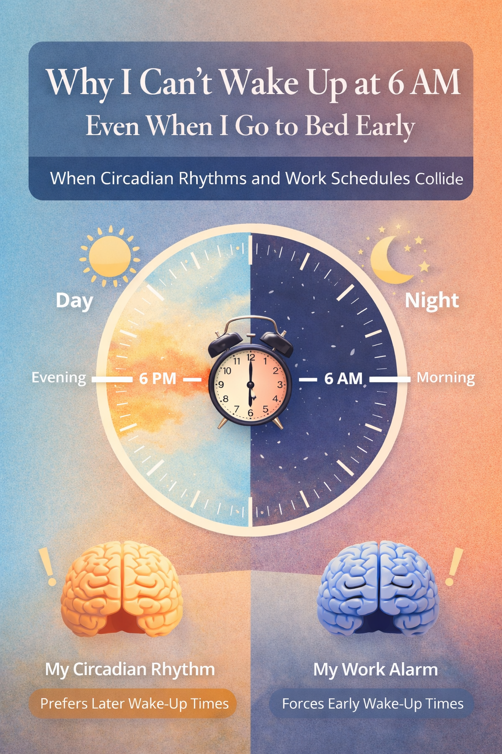 Graphic illustration showing a 24-hour clock and brain imagery representing circadian rhythms and difficulty waking up early despite going to bed early