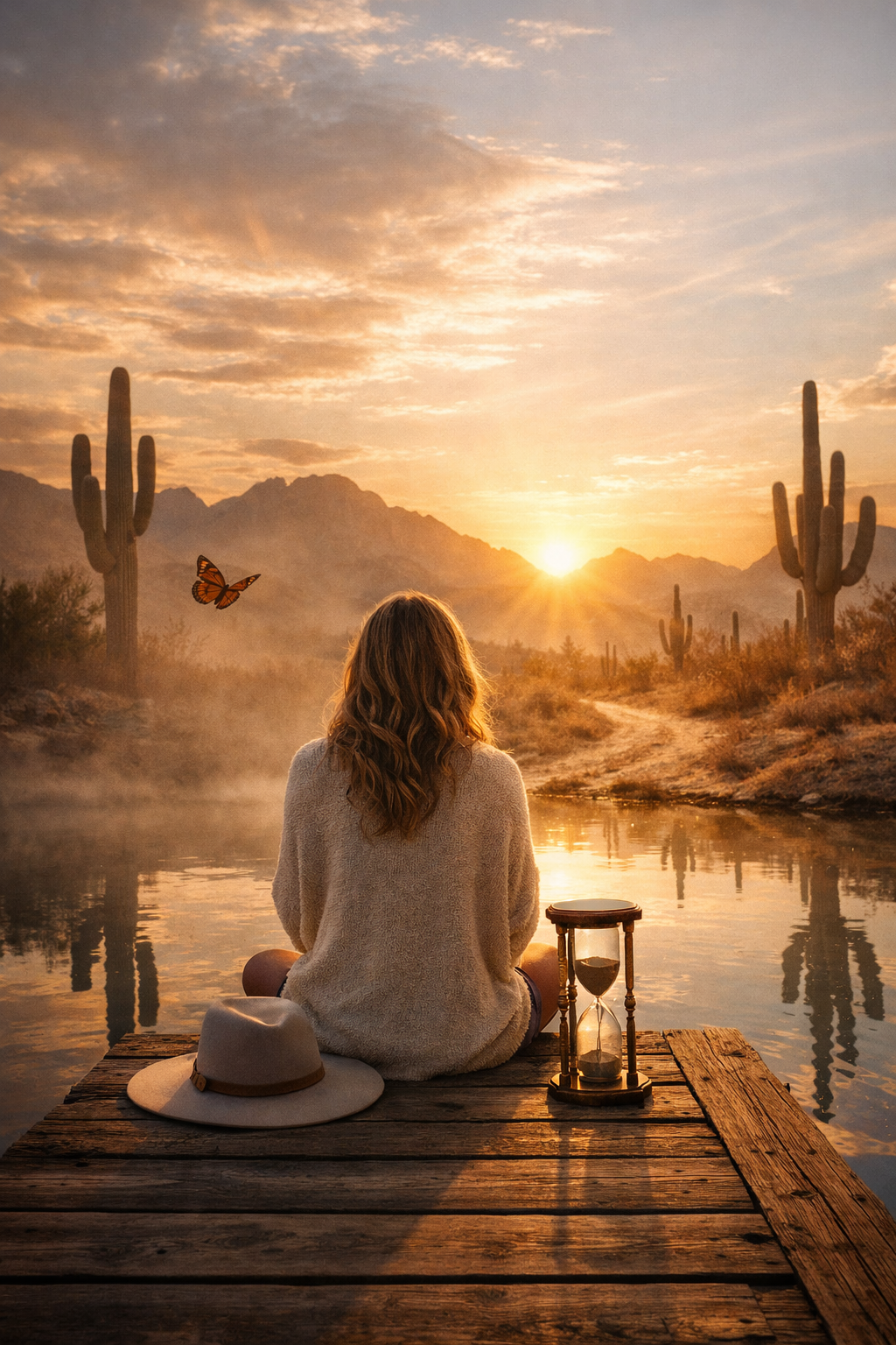 Woman sitting quietly on a wooden dock in a desert at sunrise, with an hourglass beside her and a butterfly nearby, symbolizing stillness, time, and healing after burnout
