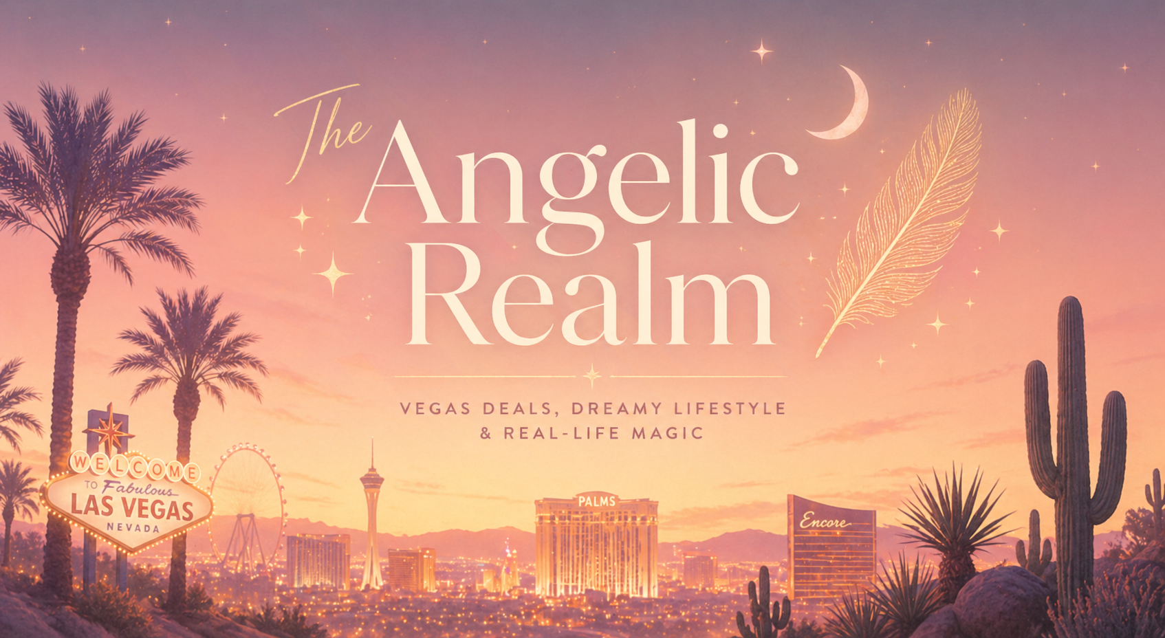Dreamy Las Vegas skyline at sunset with palm trees, desert cacti, and celestial elements, representing The Angelic Realm lifestyle brand and Vegas content creator aesthetic