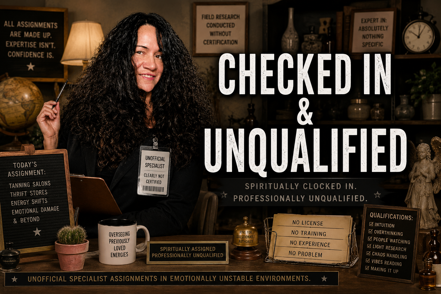 ALT TEXT: Cinematic comedy poster for “Checked In & Unqualified” featuring Angelic posed as an overly confident unofficial specialist in a moody office filled with absurd credentials and spiritually themed props. Large distressed text reads “CHECKED IN & UNQUALIFIED.” Signs throughout the image reference fake qualifications, emotional instability, thrift stores, tanning salons, intuition, chaos handling, and “overseeing previously loved energies.”