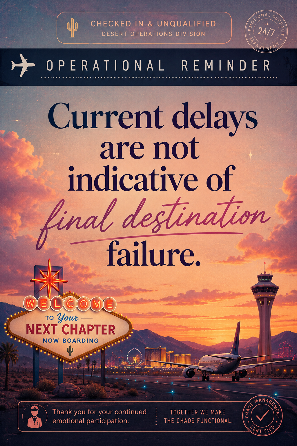 Colorful retro-style affirmation graphic featuring dreamy operational-themed text that reads: “Your frequency has been cleared for continued operation.” The design has a whimsical corporate-meets-spiritual aesthetic with soft glowing colors and surreal motivational energy.