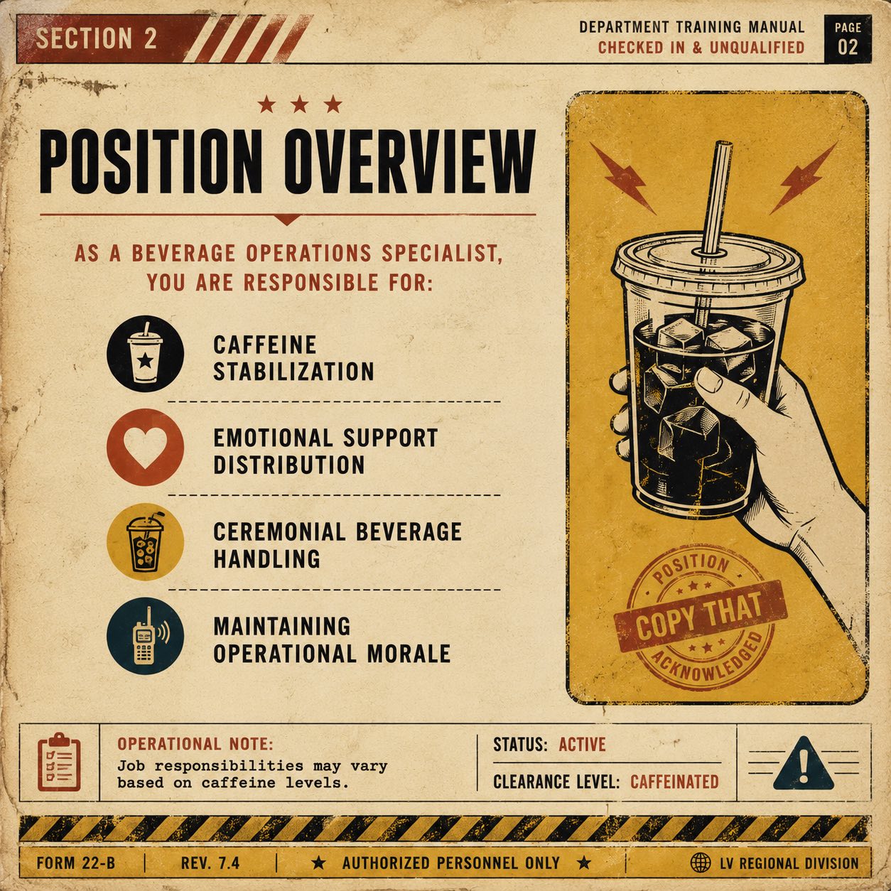 Retro corporate training slide discussing emotional temperature stabilization and beverage preparedness using surreal hospitality humor and coffee imagery.