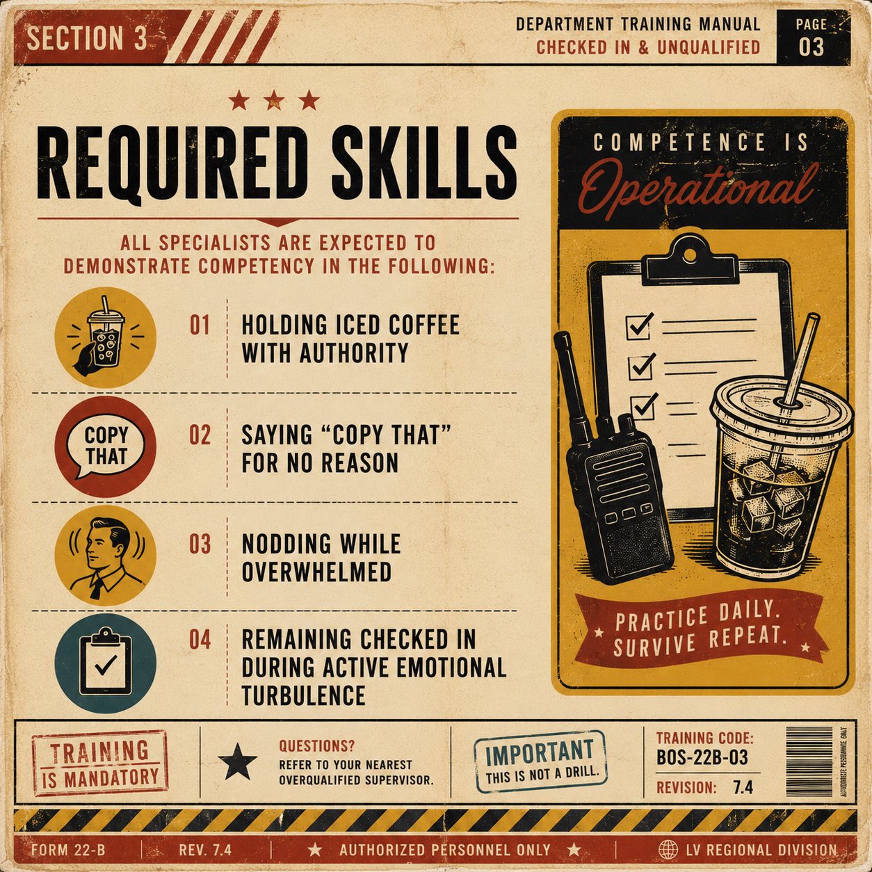 Vintage-inspired beverage operations training graphic discussing advanced monitoring procedures and caffeine dependency humor.