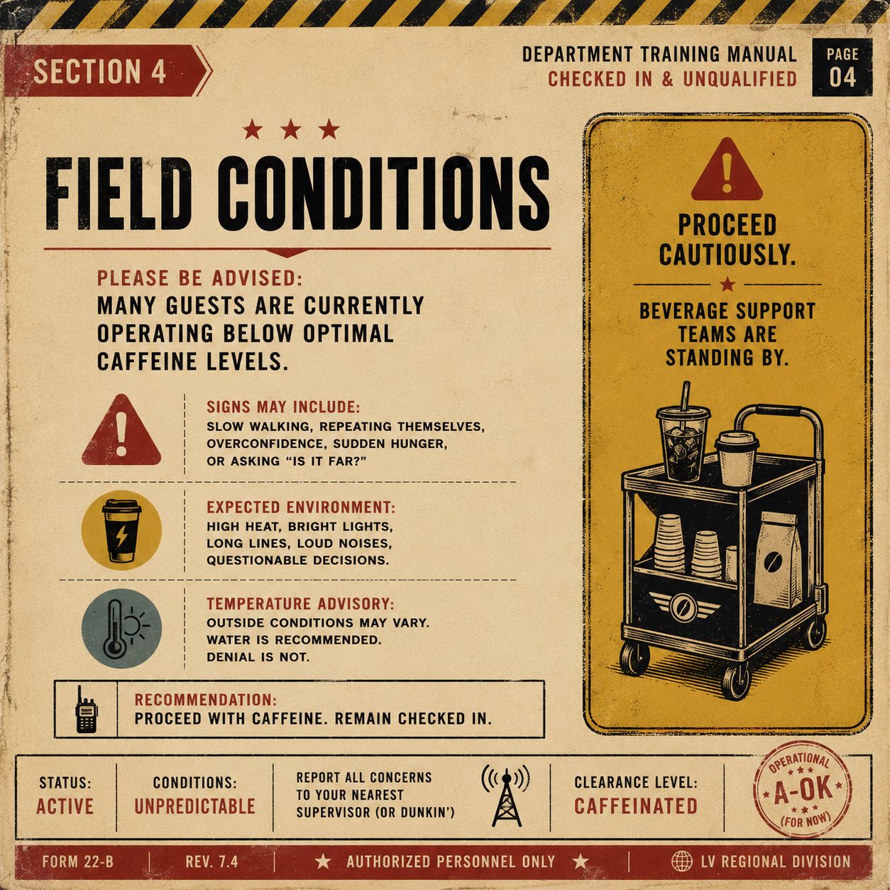 Retro operational advisory graphic styled like a fictional incident report involving espresso, emotional support, and beverage operations.