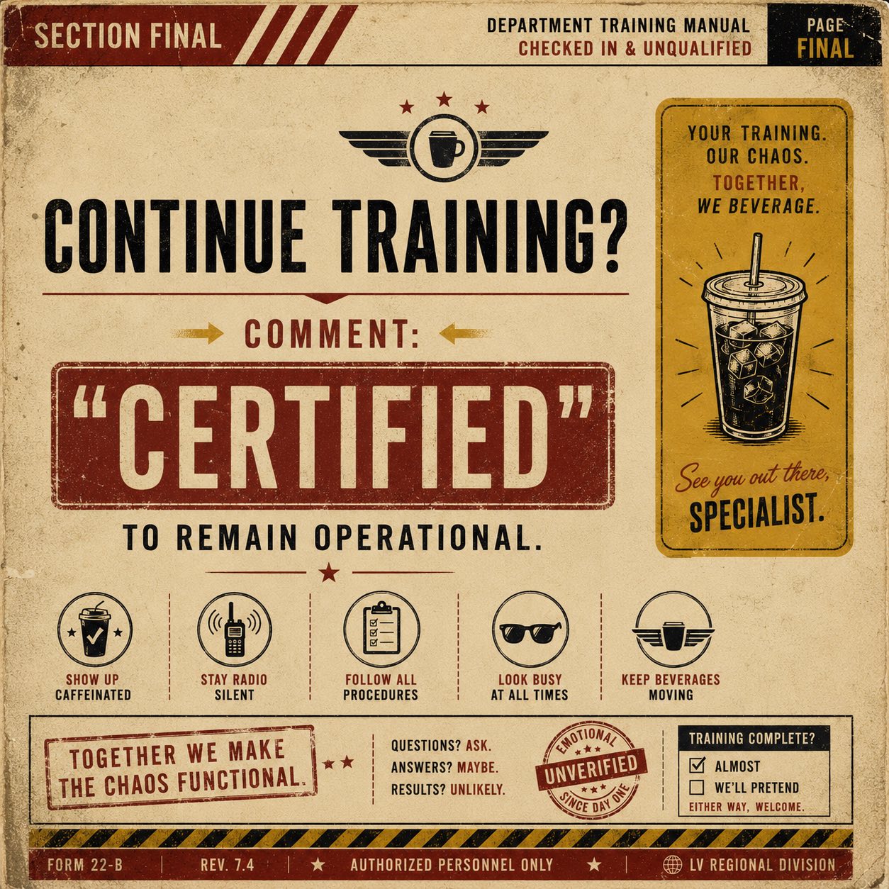 Personnel are now approved for continued Beverage Operations activity. Please return to the Main Portal for additional training materials.