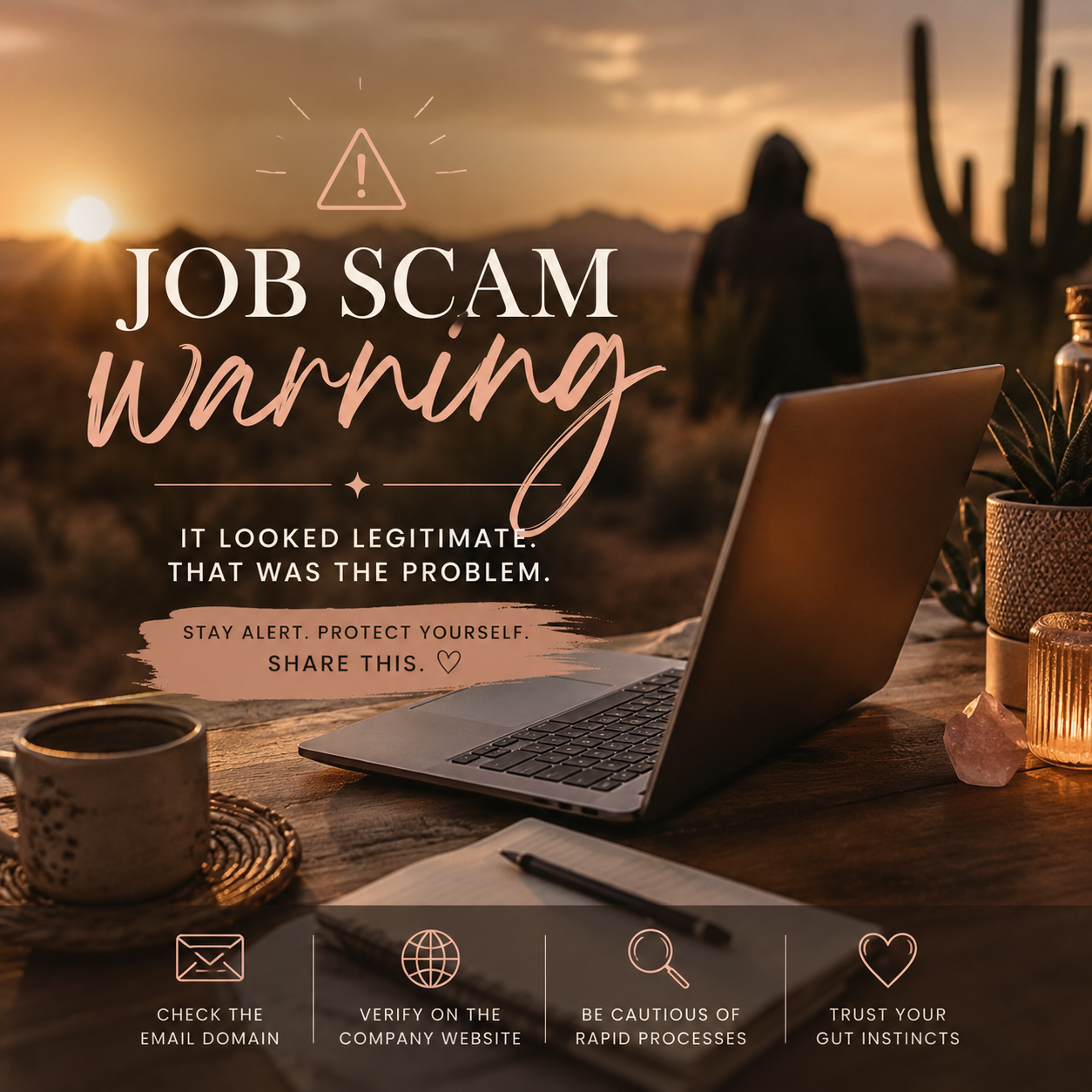 A warm desert sunset scene with a laptop on a wooden table, representing online job searching, with a blurred shadowy figure in the background symbolizing the hidden risk of a job scam.