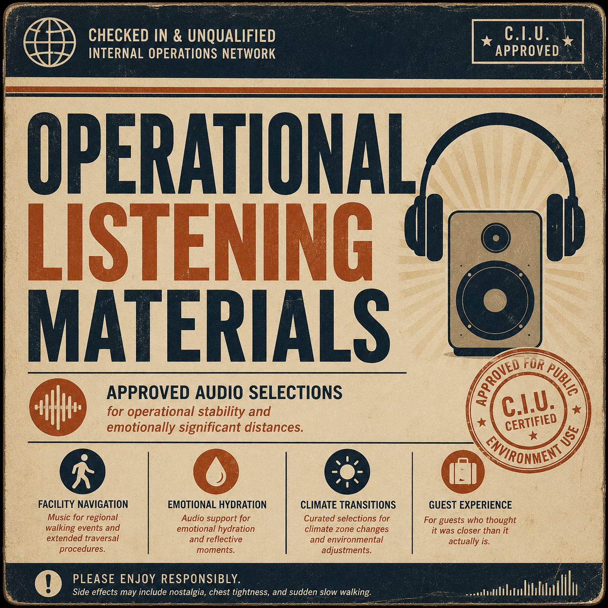 Retro-style poster graphic for the fictional “Operational Listening Materials” department from Checked In & Unqualified featuring vintage typography, headphones, speaker graphics, and humorous public environment music references.