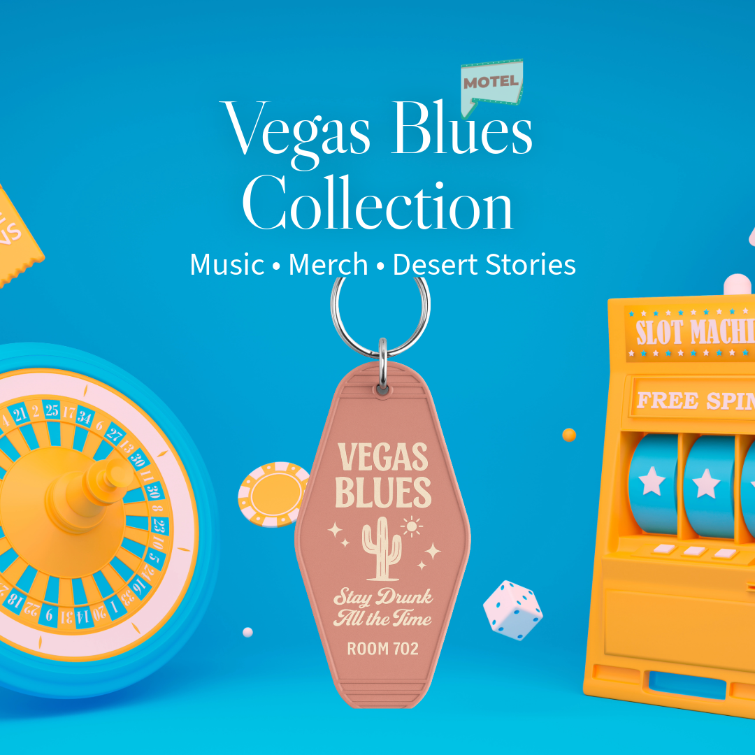 Vegas Blues Collection promotional flyer featuring a desert-inspired Las Vegas design, music-themed artwork, and branding for a creative storytelling and travel project.