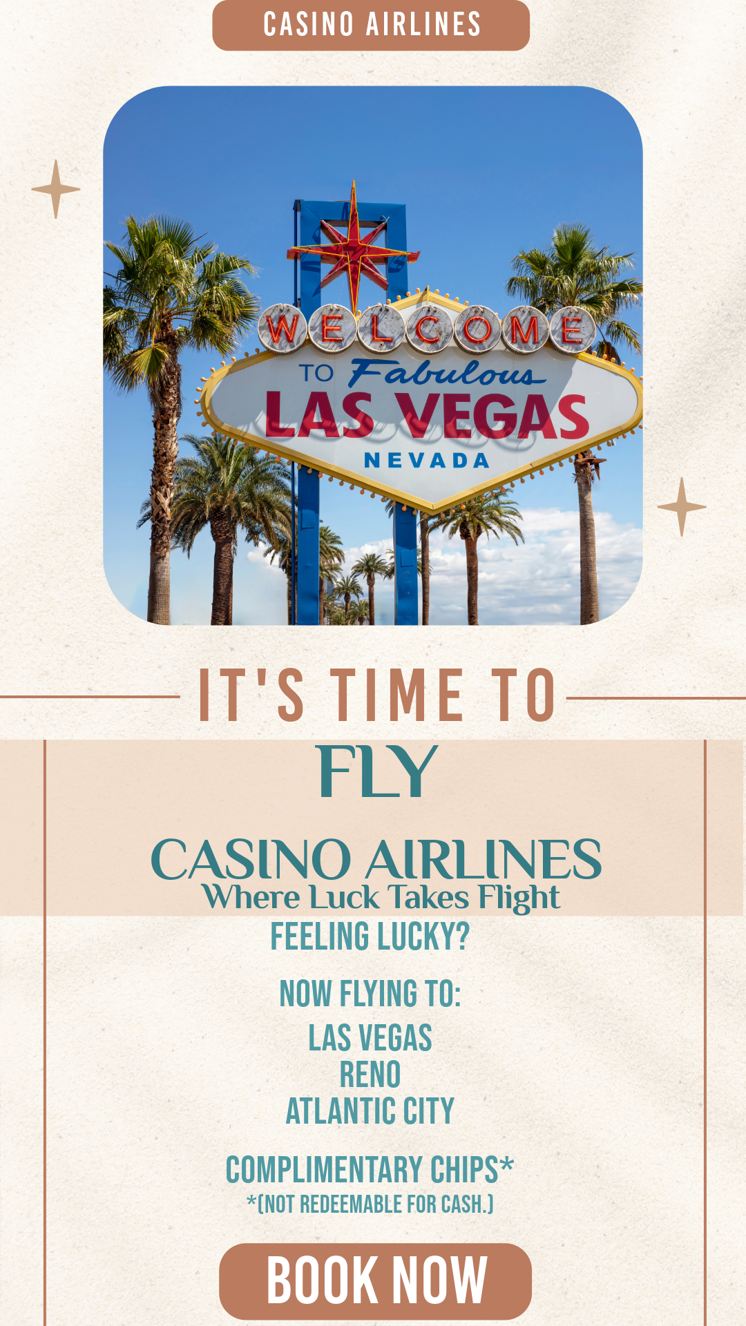 A retro-inspired print advertisement created as an extension of my fictional Casino Airlines campaign. Inspired by classic mid-century travel posters, this piece combines vintage typography, warm color palettes, and playful copywriting to create a believable airline advertisement with a humorous twist.