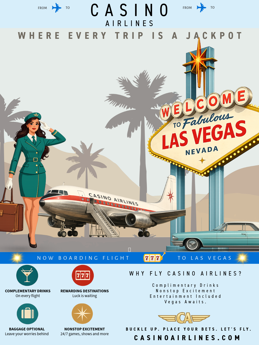 Vintage-style Casino Airlines travel poster featuring a retro flight attendant, classic passenger aircraft, Las Vegas welcome sign, teal vintage car, desert landscape, and promotional travel branding with the tagline "Where Every Trip Is a Jackpot."