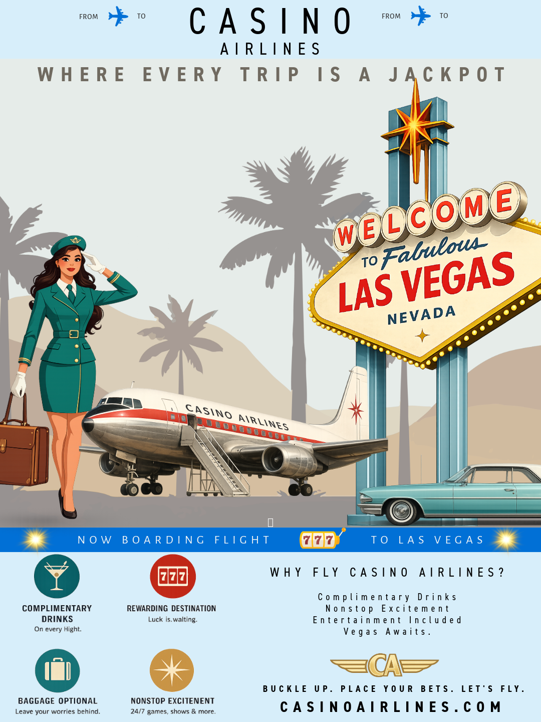 Vintage-style Casino Airlines travel poster featuring a retro flight attendant, classic passenger aircraft, Las Vegas welcome sign, teal vintage car, desert landscape, and promotional travel branding with the tagline "Where Every Trip Is a Jackpot."