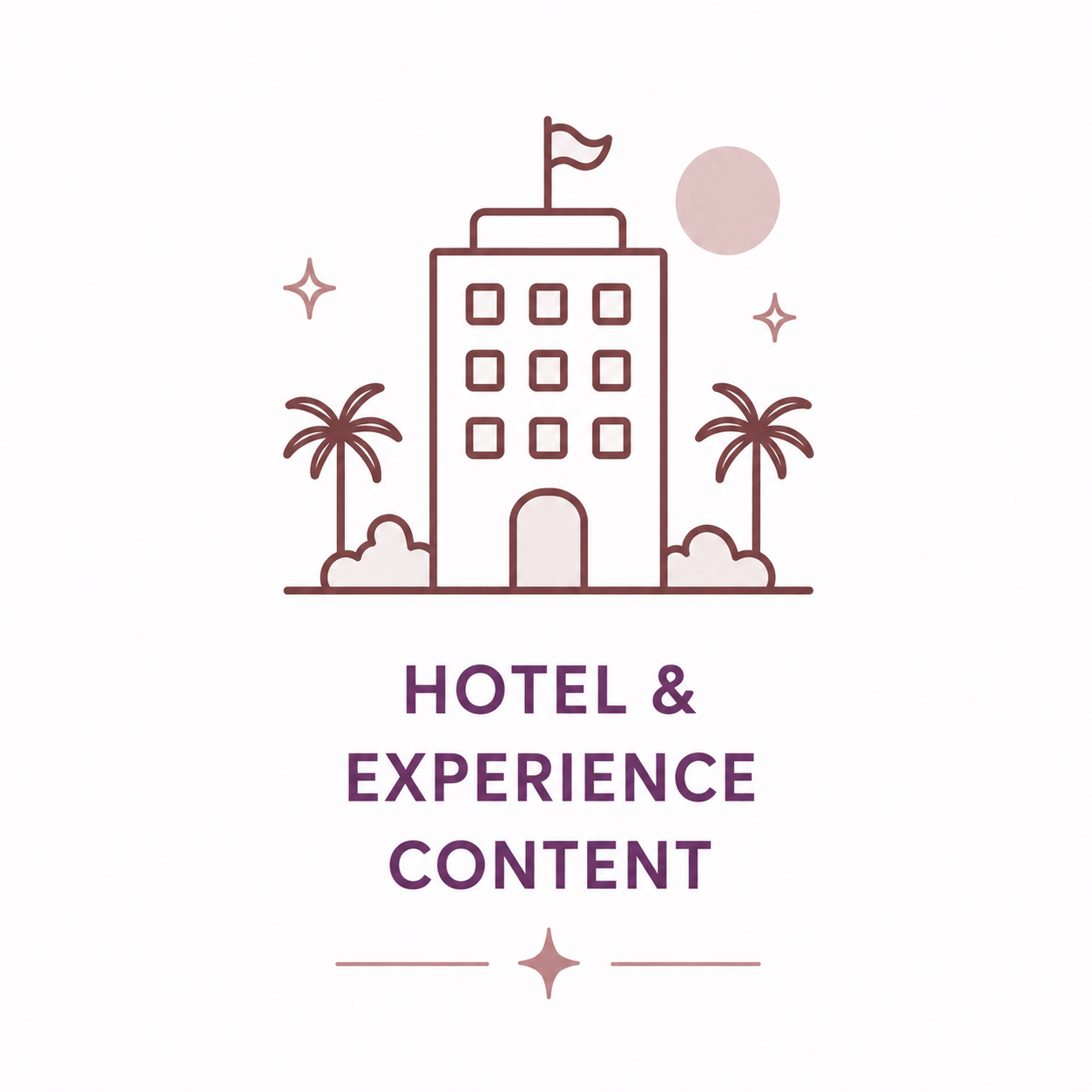 Hotel and experience content icon featuring a hotel building with palm trees and decorative stars.