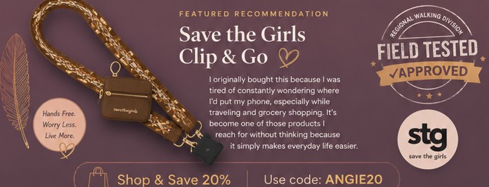 Square promotional graphic featuring the Save The Girls Clip & Go crossbody strap and zippered wallet in a brown and gold woven pattern with an Angelic Approved Field Tested badge, STG logo, and discount code ANGIE20 on a mauve background.