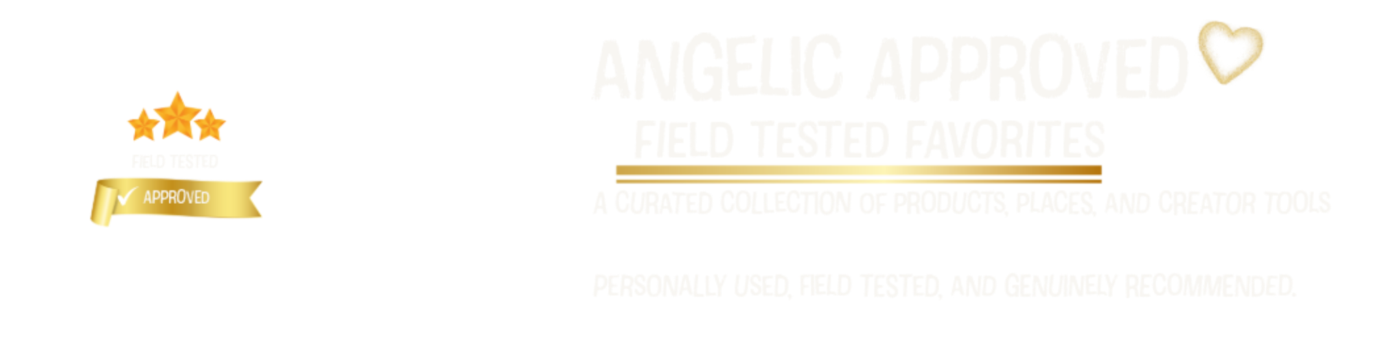 Hero banner for the Angelic Approved page featuring the title "Angelic Approved," a Regional Walking Division Field Tested Approved badge, and messaging introducing a curated collection of personally used, field tested travel gear, everyday favorites, walking essentials, and creator tools.