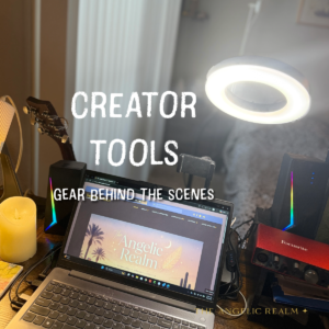 Creator workspace with laptop, ring light and audio interface, with text reading “Creator Tools – Gear Behind the Scenes.”