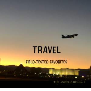 Airplane flying over the Las Vegas skyline at sunset with text reading “Travel – Field-Tested Favorites.”