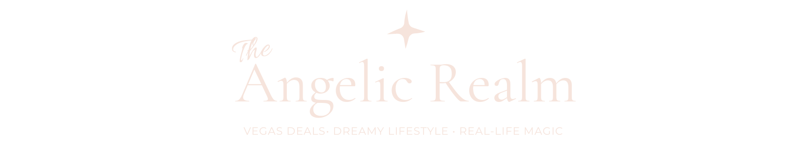 The Angelic Realm logo with celestial star and the tagline “Vegas Deals • Dreamy Lifestyle • Real-Life Magic”