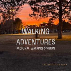 Park at sunset with a disc golf basket and text reading “Walking Adventures – Regional Walking Division.”