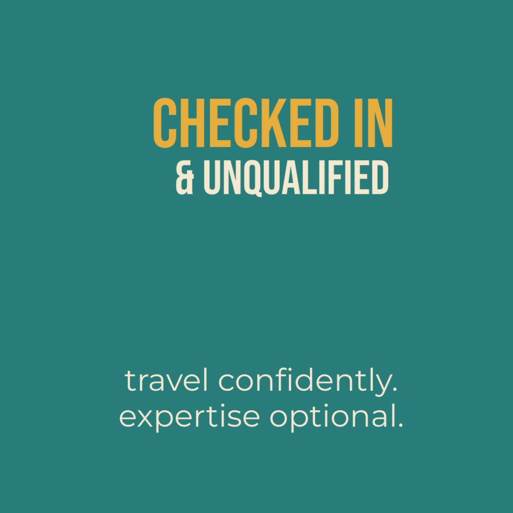 Checked In & Unqualified original series logo from The Angelic Realm, representing travel-inspired humor, adventures, and creative storytelling.